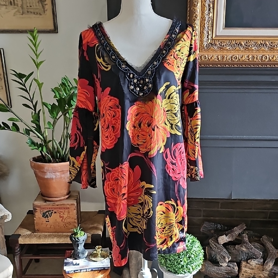 Uncle Frank Red And Yellow Bell Sleeve Midi Dress